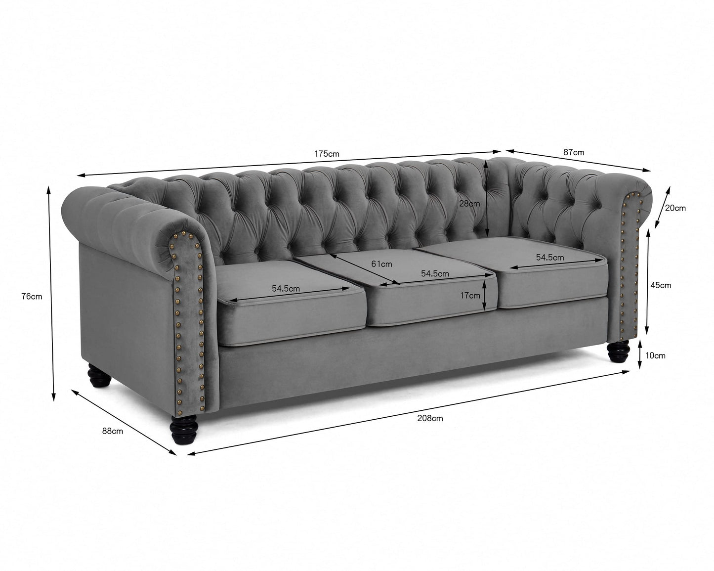 Chesterfield Sofa Velvet Upholstered Couch in 2 Seater or 3 Seater Fabric Sofa in Grey, Blue, Black, Green, Gold (2 Seater, Black)