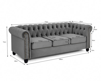 Chesterfield Sofa Velvet Upholstered Couch in 2 Seater or 3 Seater Fabric Sofa in Grey, Blue, Black, Green, Gold (2 Seater, Black)