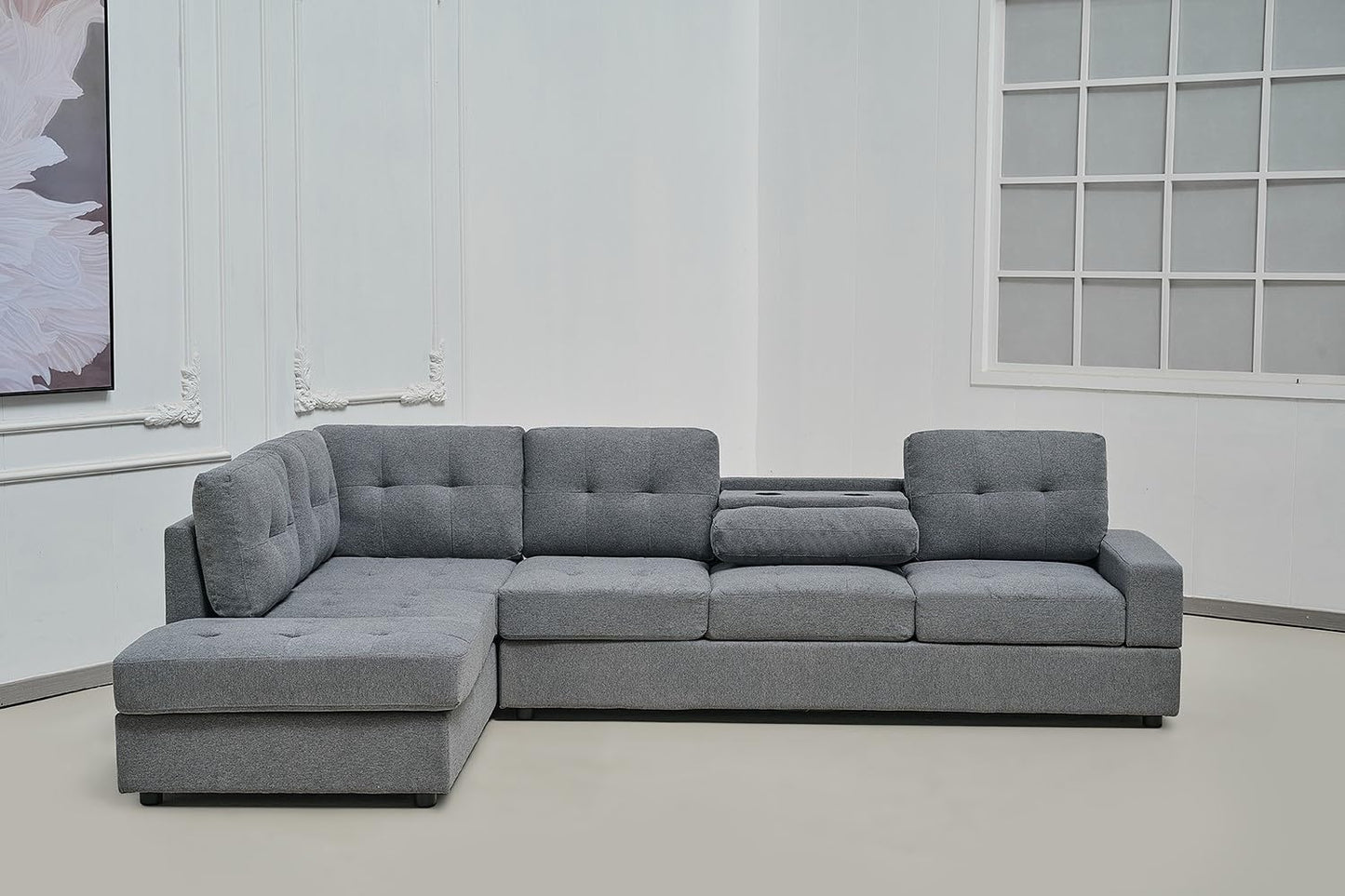 Western Grey Fabric Corner Sofa suite With Drop Down Cup Holder And Ottoman for livingrooms -Cheap sofas & couches-3020 (Grey Fabric, Right Hand Side)