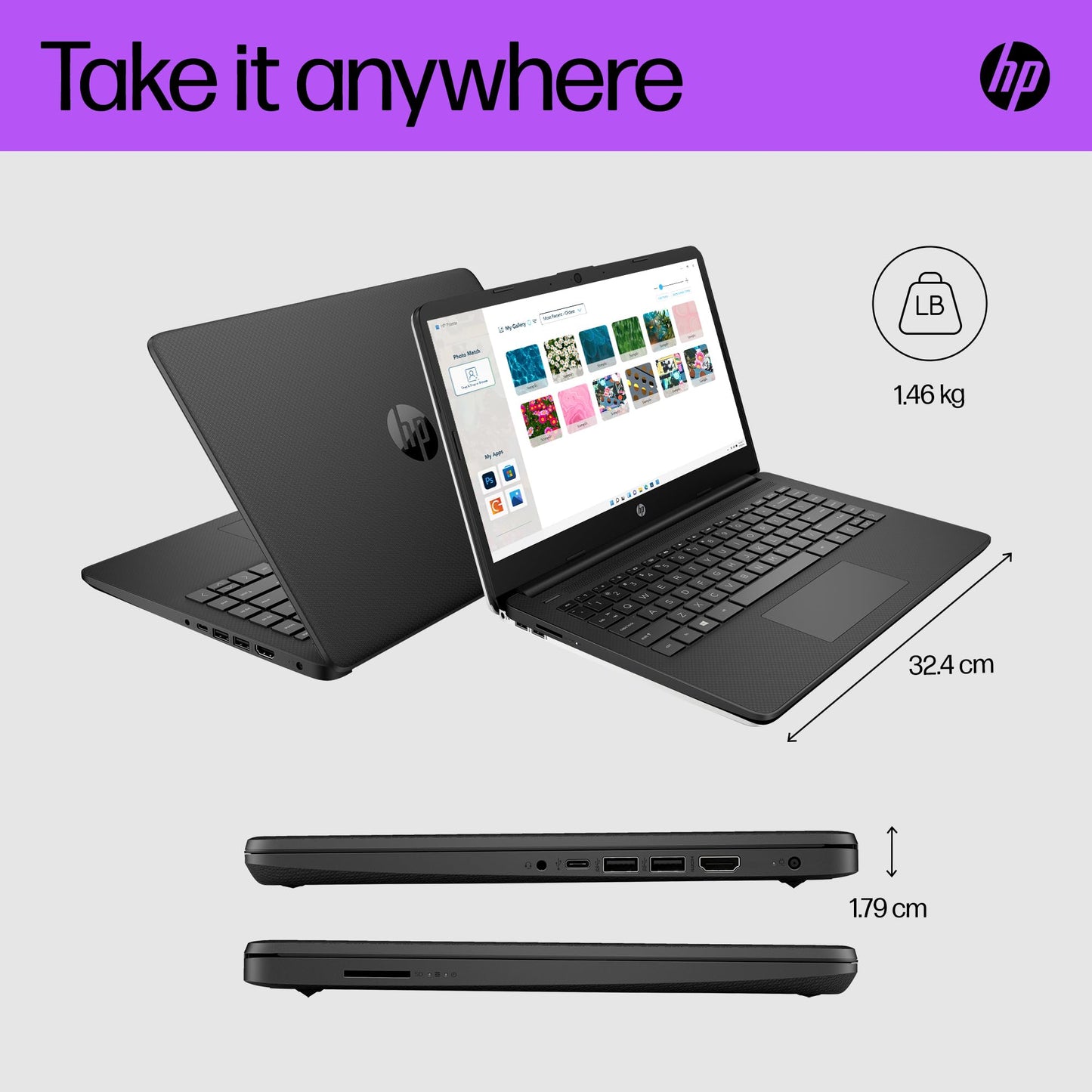 HP 14" Laptop, Intel Core i3-1215U Processor, 8 GB RAM, 256 GB SSD, Intel UHD Graphics, FHD Display, Up to 8hrs battery, Win 11, Dual Speakers, Natural Silver, 14s-dq5003sa