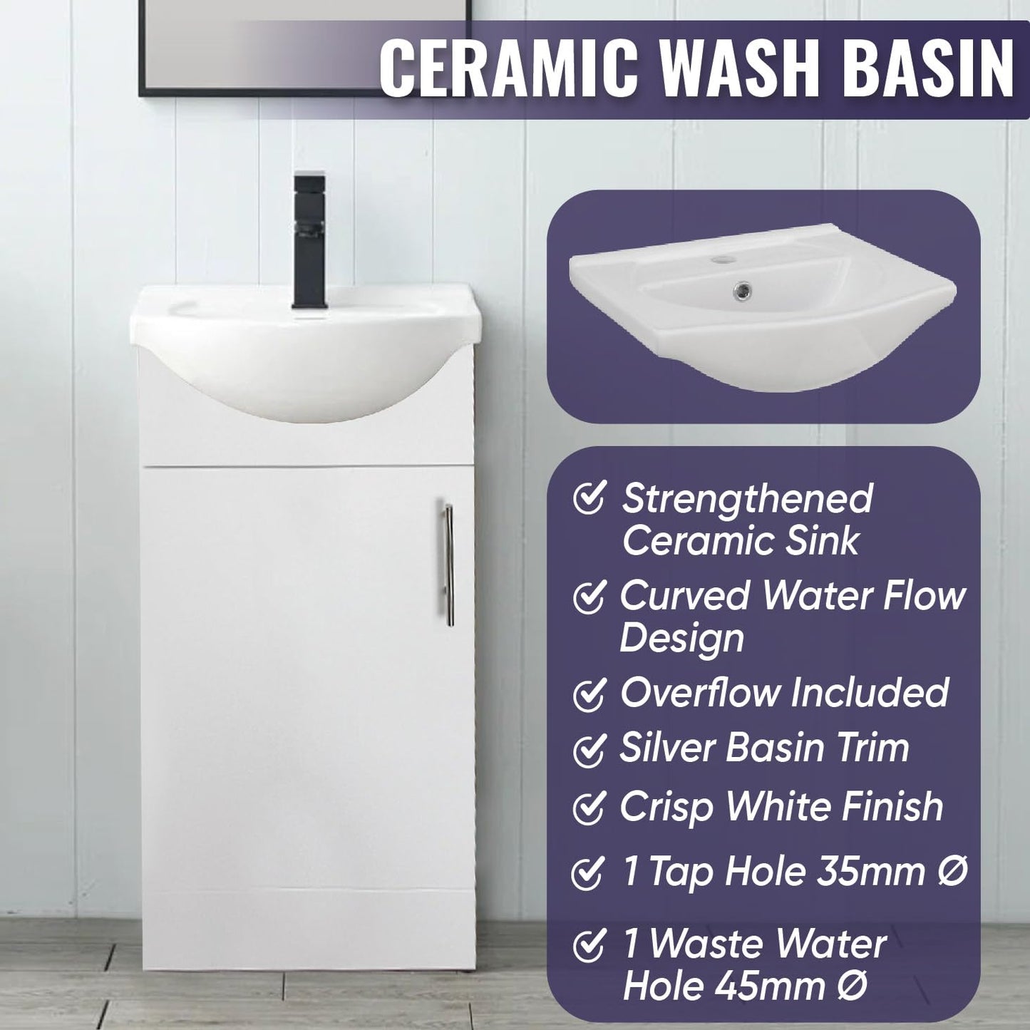 Home Treats 450 Vanity Unit Furniture, Ceramic Wash Basin Sink, Floor Standing, Soft Close Doors Bathroom Storage Cabinet - White (Vanity 45cm)