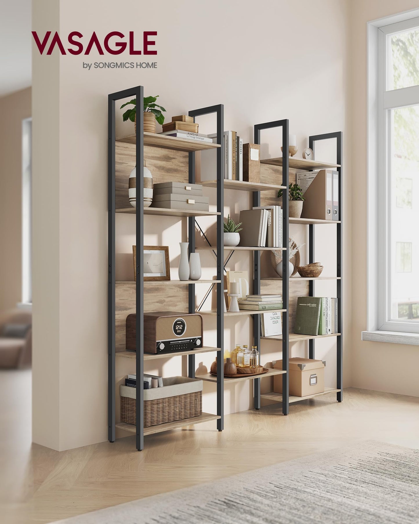 VASAGLE Bookcase, Bookshelf with 14 Shelves, Metal Frame, Shelf Unit for Living Room, Home Office, Industrial Style, 24 x 158 x 166 cm, Rustic Brown and Ink Black LLS107B01