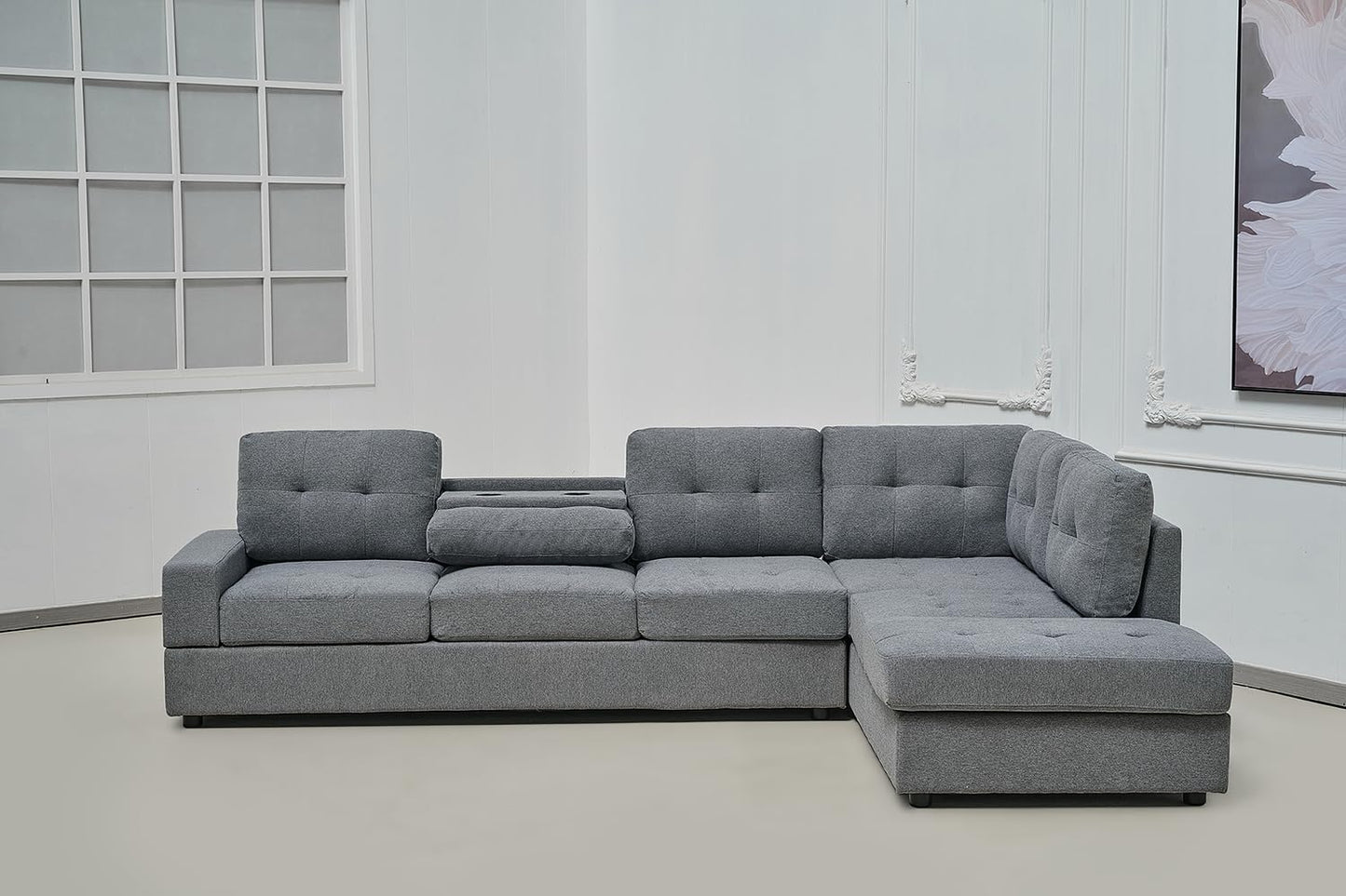 Western Grey Fabric Corner Sofa suite With Drop Down Cup Holder And Ottoman for livingrooms -Cheap sofas & couches-3020 (Grey Fabric, Right Hand Side)