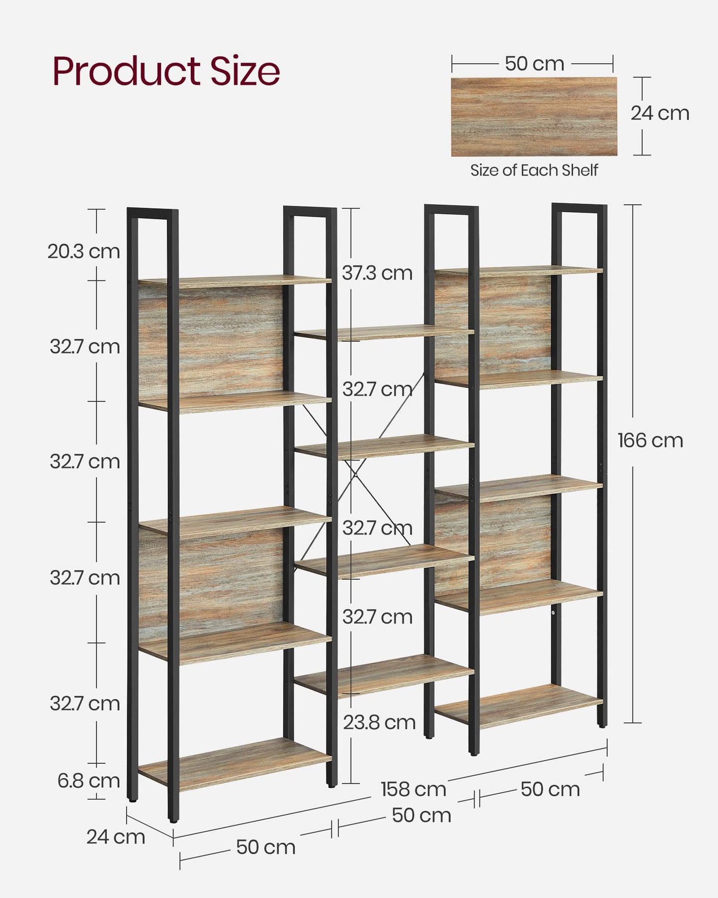 VASAGLE Bookcase, Bookshelf with 14 Shelves, Metal Frame, Shelf Unit for Living Room, Home Office, Industrial Style, 24 x 158 x 166 cm, Rustic Brown and Ink Black LLS107B01