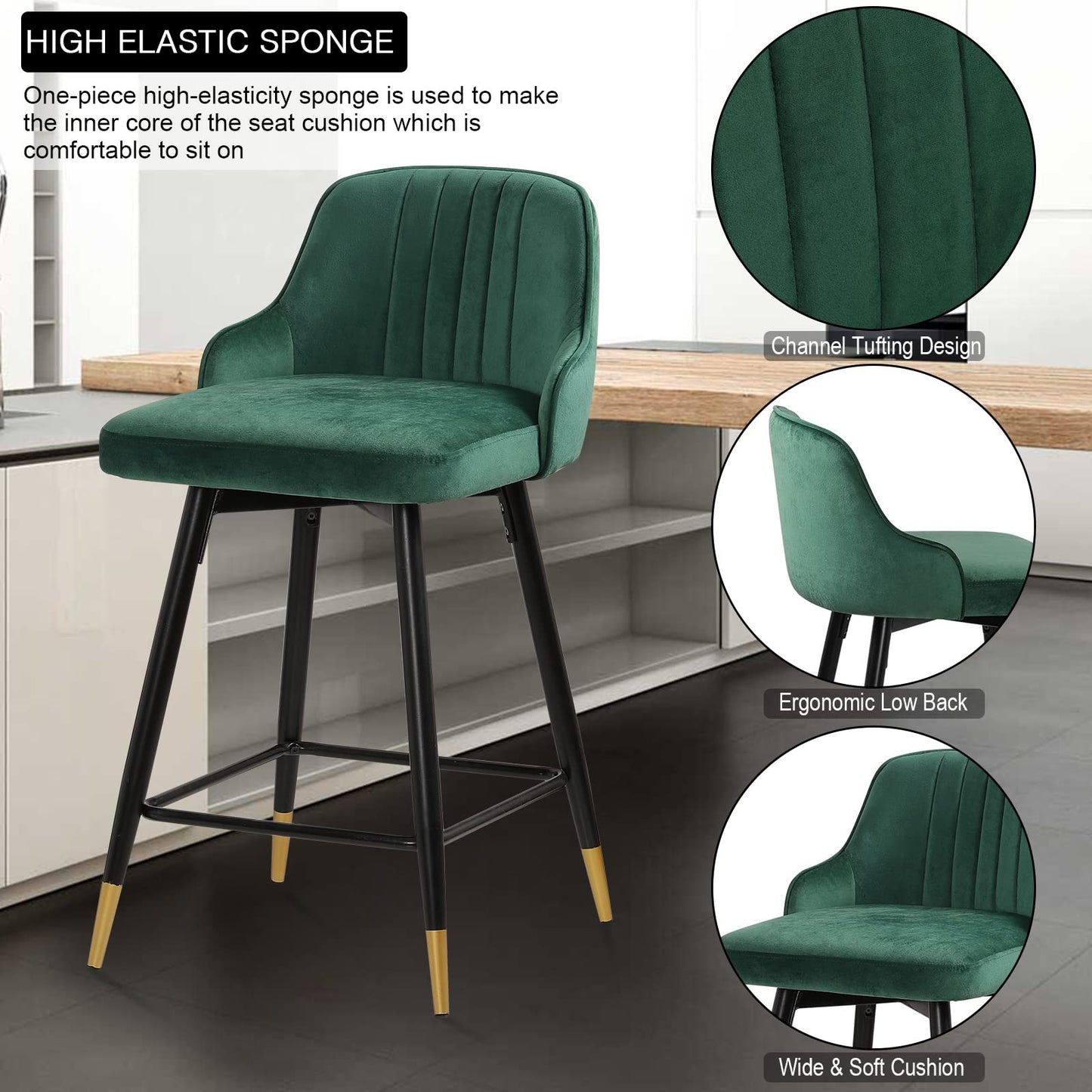 Bekrvio Upgraded Velvet Bar Stools Set of 2 – 360° Swivel Bar Chairs with Back & Footrest, Modern Kitchen Island Breakfast Stools, Support 150kg – New Version, Black