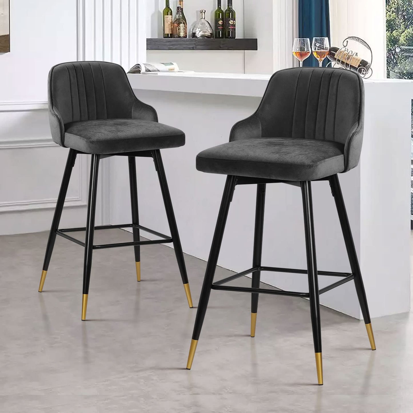 Bekrvio Upgraded Velvet Bar Stools Set of 2 – 360° Swivel Bar Chairs with Back & Footrest, Modern Kitchen Island Breakfast Stools, Support 150kg – New Version, Black