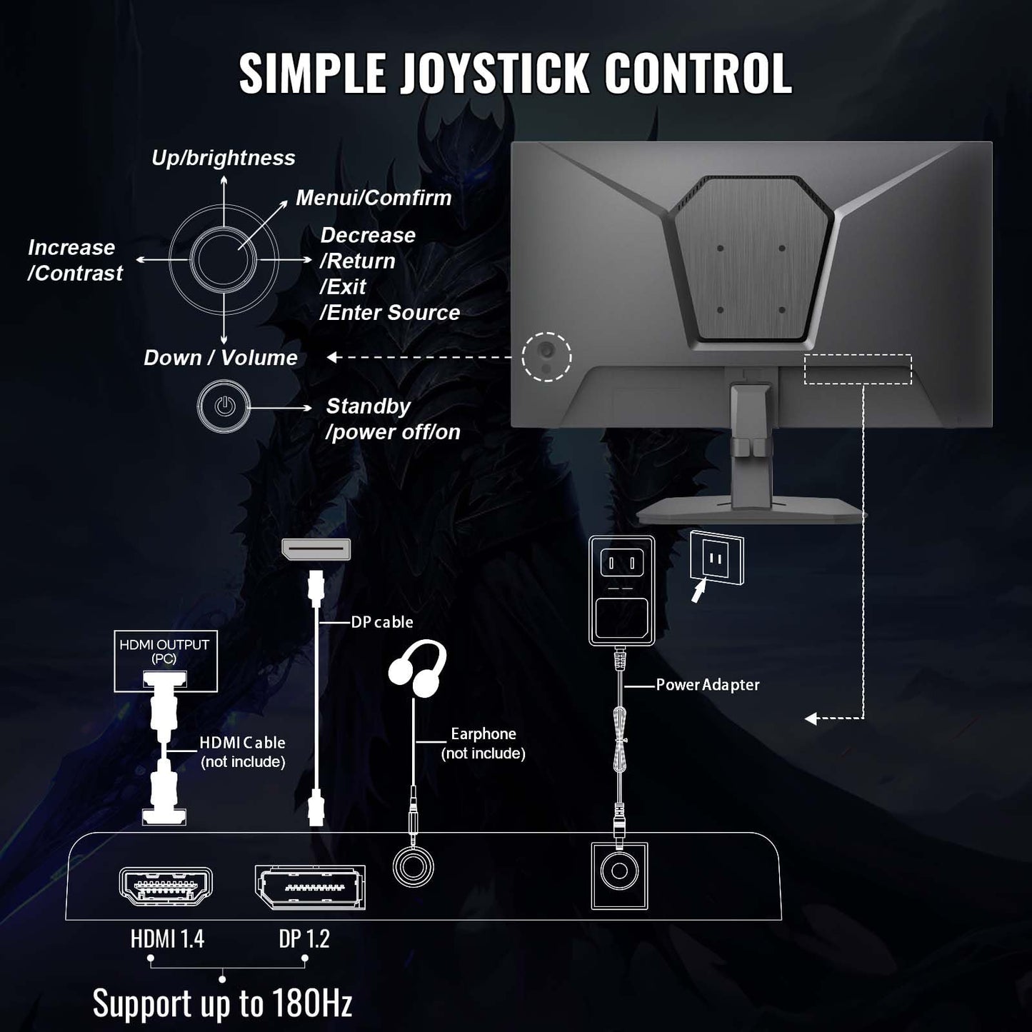 24 inch Curved Gaming Monitor 180Hz, 1ms, 130% sRGB, With Speakers, HDR, FreeSync, 300cd/m², VA, FHD 1080P, Frameless, HDMI1.4 DP1.2 Ports (MFG24C1 HDMI included)