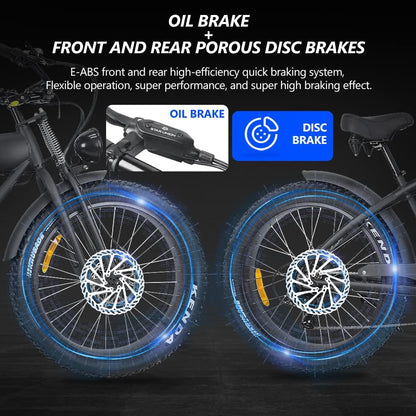 Ealirie Electric Bike 26" Fat Tire Range 40-80KM, 18.2Ah Winter Snow Beach Hill Mountain Electric Bicycle, Dual Disc Brakes & 5 Suspension for Adults Teens B3 Ebike 25km/h, 250W