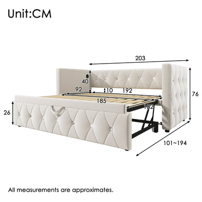 Jtyca Daybed, Trundle Bed, Upholstered Single Bed with Pull Out Bed, Sofa Bed with USB-Type C-Charging Sations, Pull Out Trundle for Living Room and Bedroom, 90 x 190 cm, Velvet, Grey, (No Mattress)