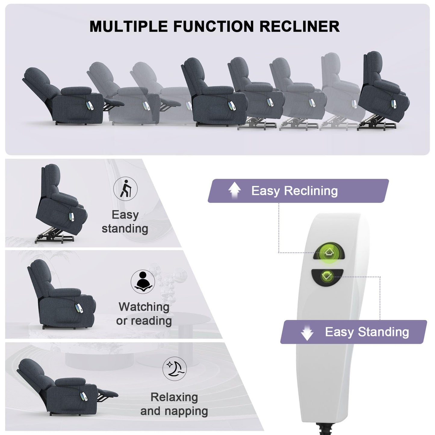 BareTay Recliner Armchair Electric Lift Chair with Massage & Heat, Extended Footrest, Oversized Riser Reclining Chair Lounge Sofa with Type C+USB, 2 Drink Holders, 4 Side Pockets