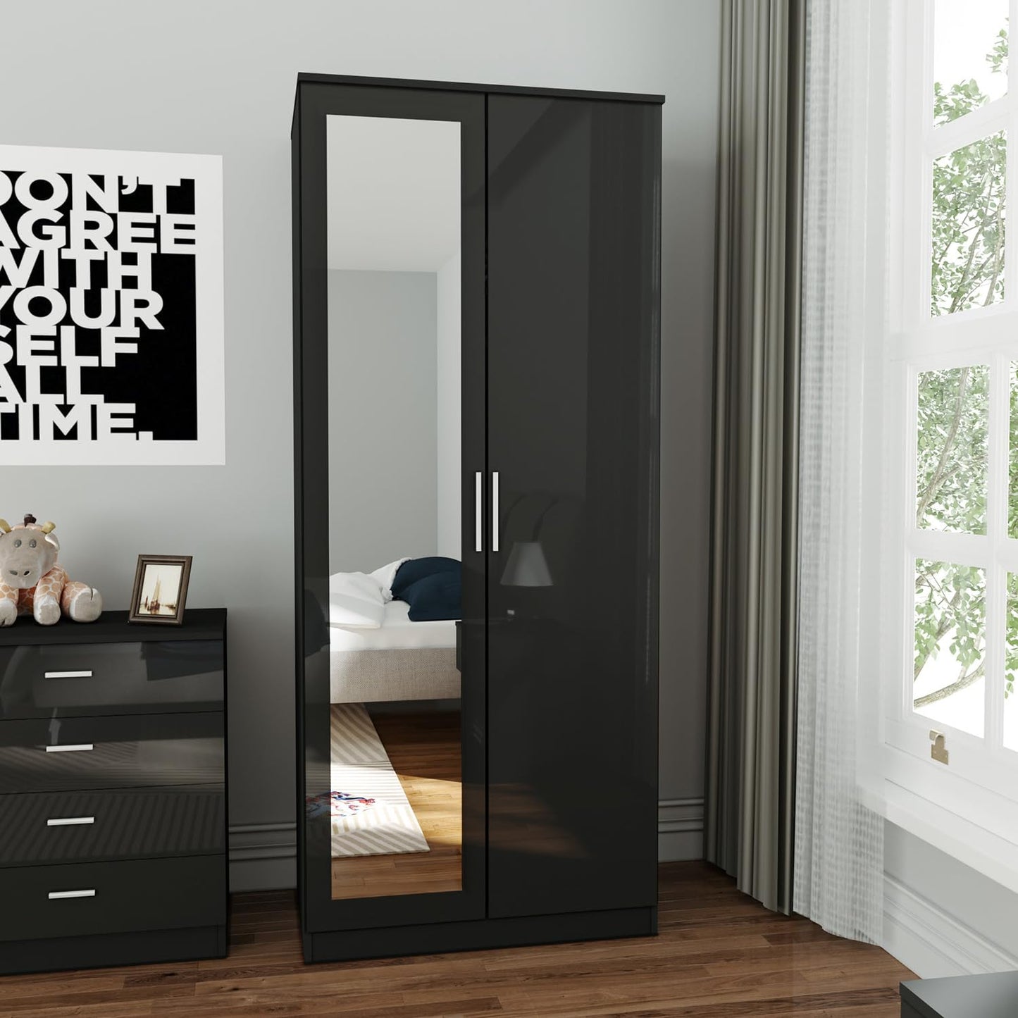 ELEGANT 3 Pieces Bedroom Furniture Sets High Gloss Soft Close Wardrobe with Mirror + 4 Storage Drawer Chest of Drawers Bedside Cabinet, Black and Set