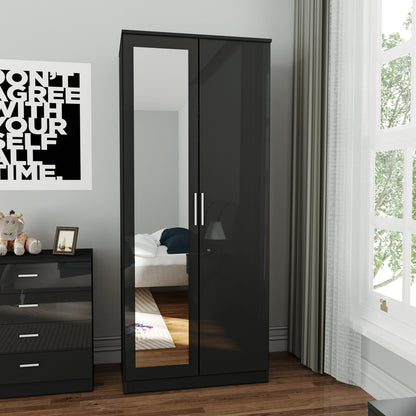 ELEGANT 3 Pieces Bedroom Furniture Sets High Gloss Soft Close Wardrobe with Mirror + 4 Storage Drawer Chest of Drawers Bedside Cabinet, Black and Set