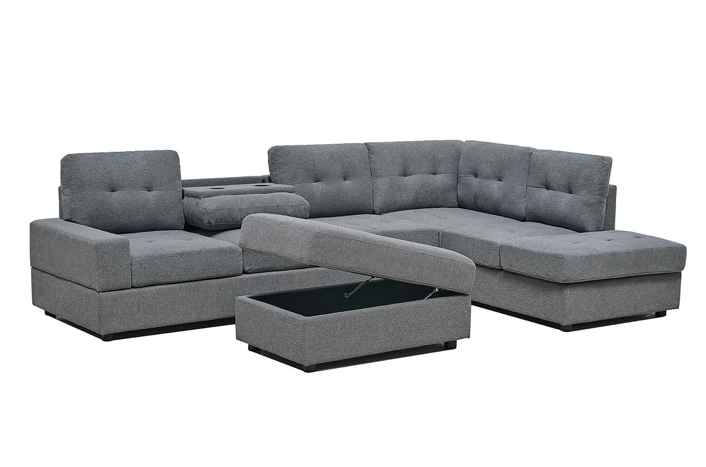 Western Grey Fabric Corner Sofa suite With Drop Down Cup Holder And Ottoman for livingrooms -Cheap sofas & couches-3020 (Grey Fabric, Right Hand Side)