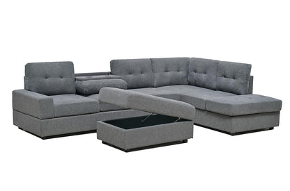 Western Grey Fabric Corner Sofa suite With Drop Down Cup Holder And Ottoman for livingrooms -Cheap sofas & couches-3020 (Grey Fabric, Right Hand Side)