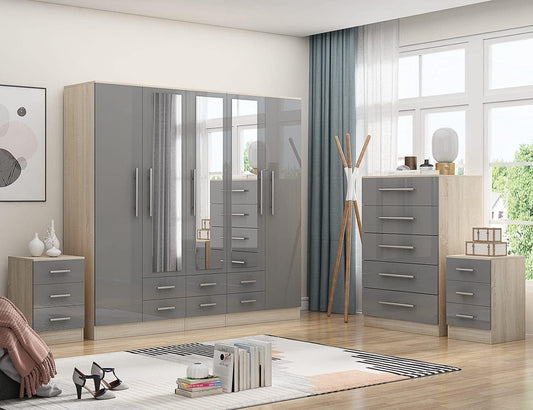 Gloss GREY Large Wardrobe - 5 Door 6 Drawers & Mirrors + Chest Of Drawers + 2 x Bedsides