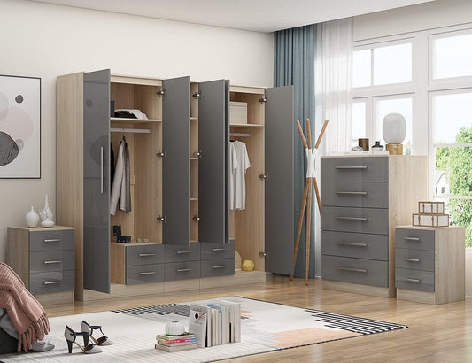 Gloss GREY Large Wardrobe - 5 Door 6 Drawers & Mirrors + Chest Of Drawers + 2 x Bedsides