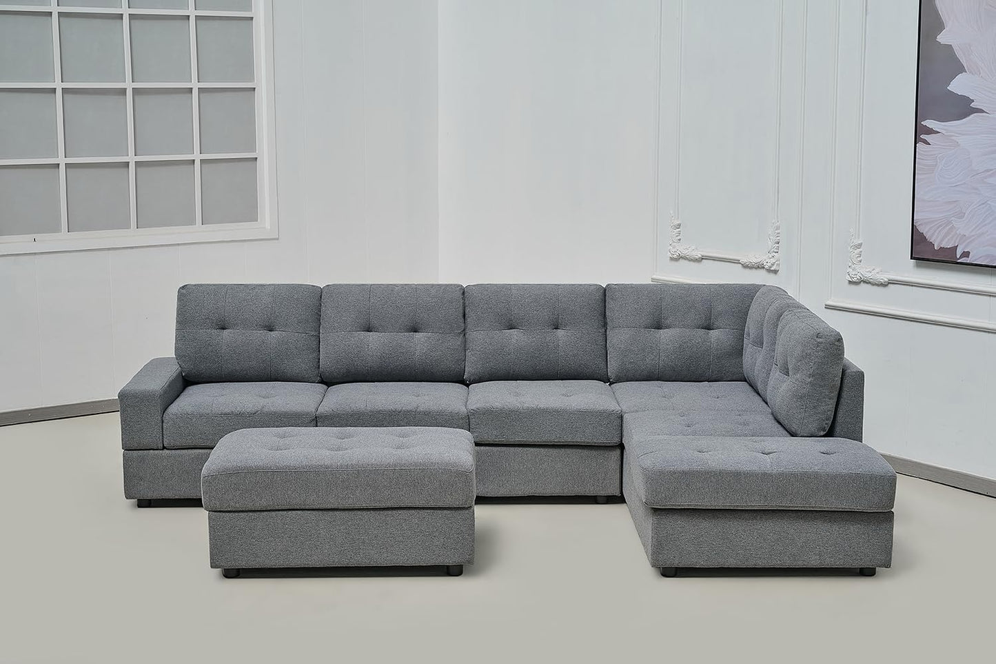 Western Grey Fabric Corner Sofa suite With Drop Down Cup Holder And Ottoman for livingrooms -Cheap sofas & couches-3020 (Grey Fabric, Right Hand Side)