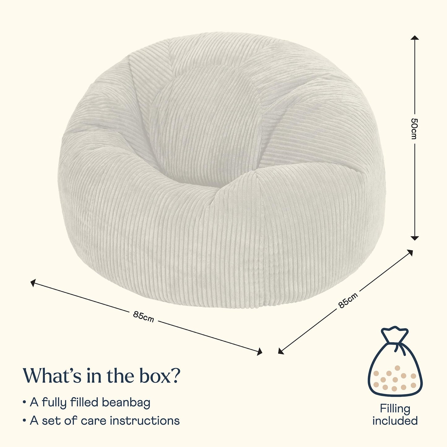 icon Kingston Cord Bean Bag, Beige, Large Adult Bean Bag Chair with Filling Included, Comfy Chair, Living Room Furniture, Bedroom Furniture
