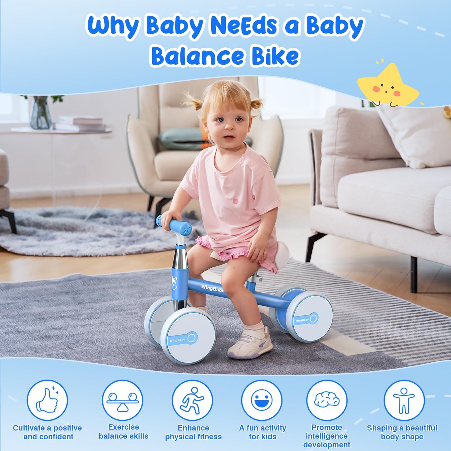 WINGBABE Baby Balance Bike for 1-2 Years Old Boys Girls,Toddler Balance Bike Ride on Toys for 10-24 Months Baby with Adjustable Seat, First bike for 1-2 Year Old Gifts