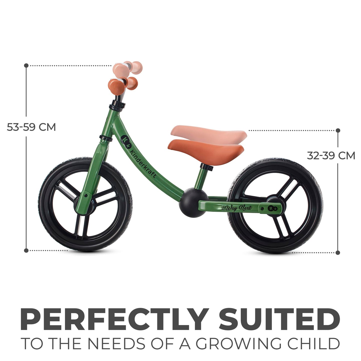 Kinderkraft 2WAY Next Balance Bike, Kids First Bicycle, No Pedals, 12 inches Wheels, with Ajustable Seat, Accessories, Bag, Bell, for Toddlers, from 2 Years Old to 35 kg, Pink