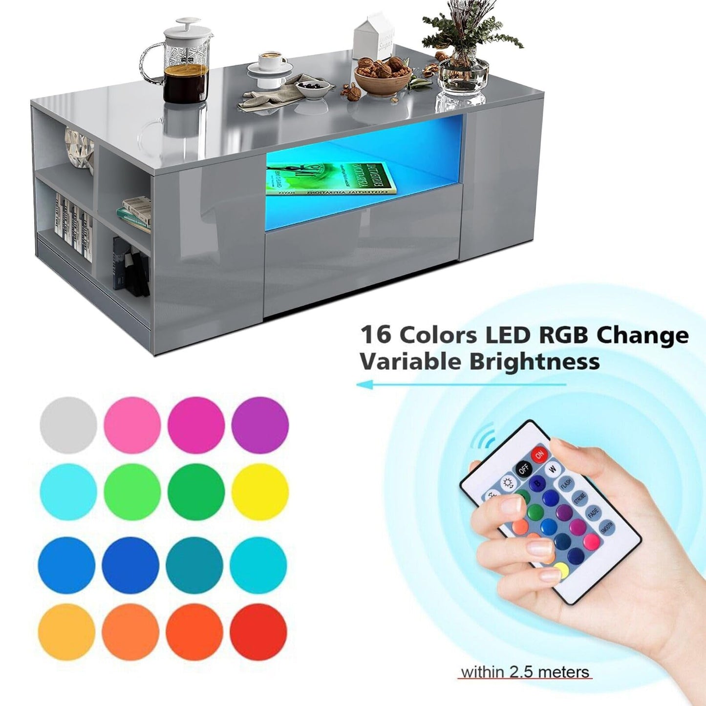 High Gloss Coffee Table, Coffee Table with Storage, Coffee Tables for Living Room with Led RGB Lights 2 Drawer Storage and Open Shelf Rectangle Centre Tea Table for Home Office Furniture, Grey