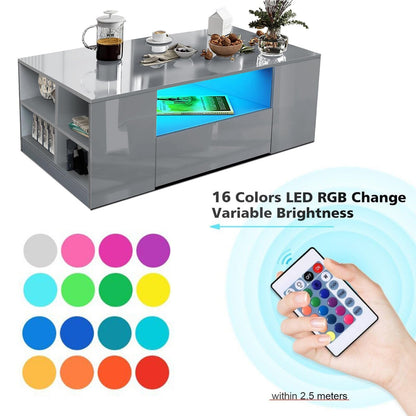 High Gloss Coffee Table, Coffee Table with Storage, Coffee Tables for Living Room with Led RGB Lights 2 Drawer Storage and Open Shelf Rectangle Centre Tea Table for Home Office Furniture, Grey