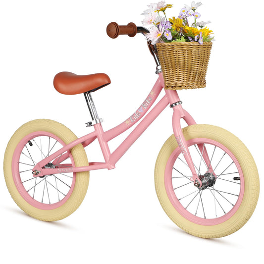 H.yeed 14 Inch Kids Balance Bike, Lightweight Height-adjustable Push Bike with Removable Basket and Rubber Air Tires, Toddler Training Bike for 3-6 Years Old Boys Girls（No Flower）