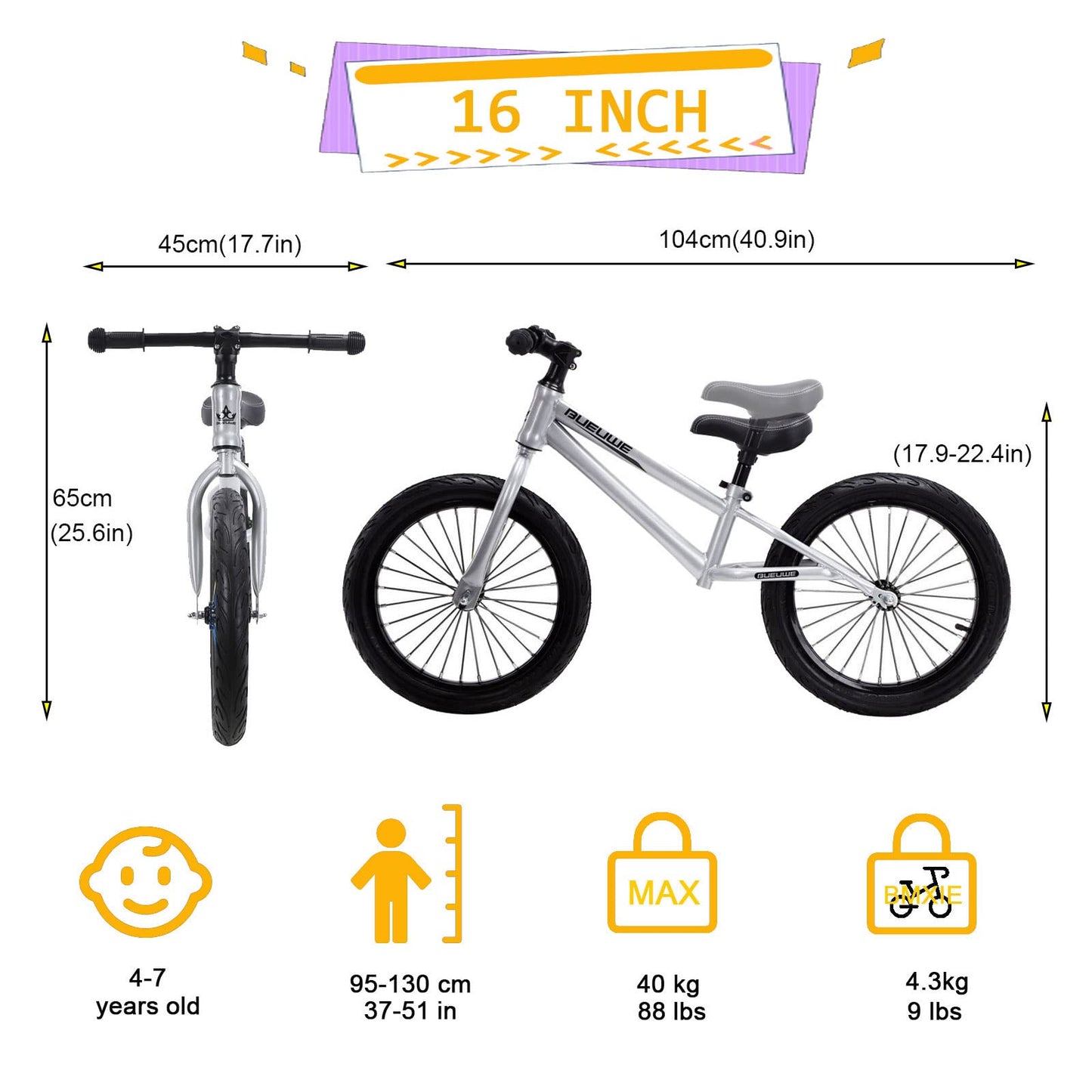 Bueuwe 16 Inch Balance Bike for Big Kids Aged 4 5 6 7 8 and 9 Years Old Boys Girls,Large No Pedal Training Bicycle, Adjustable Seat, Pneumatic Tires, Quick Assembly