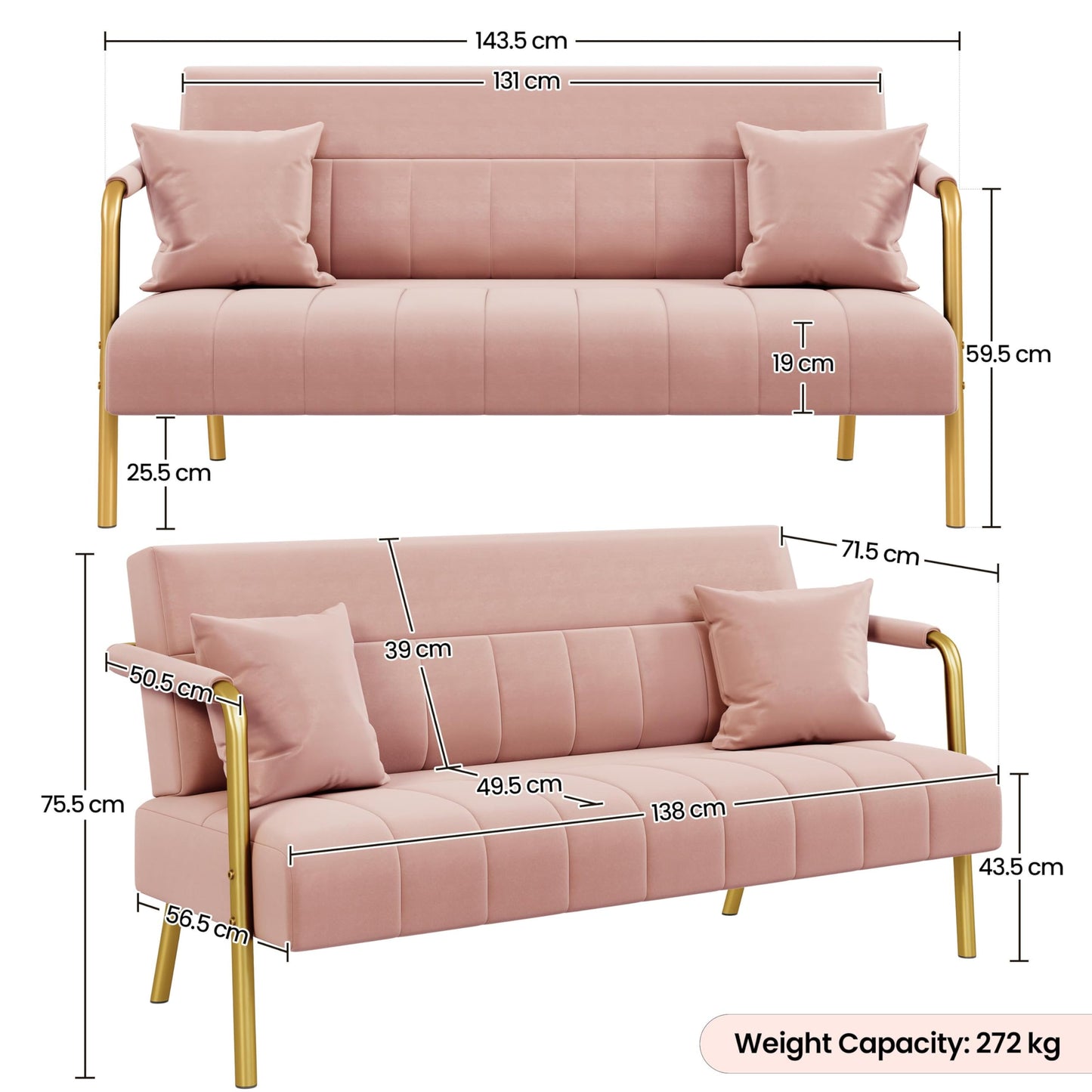 Yaheetech 2 Seater Modern Sofa Velvet Fabric Loveseat with Gold-tone Metal Arms and Legs for Bedroom, Home Office, Studio, Living Room Furniture Pink