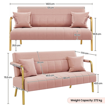 Yaheetech 2 Seater Modern Sofa Velvet Fabric Loveseat with Gold-tone Metal Arms and Legs for Bedroom, Home Office, Studio, Living Room Furniture Pink