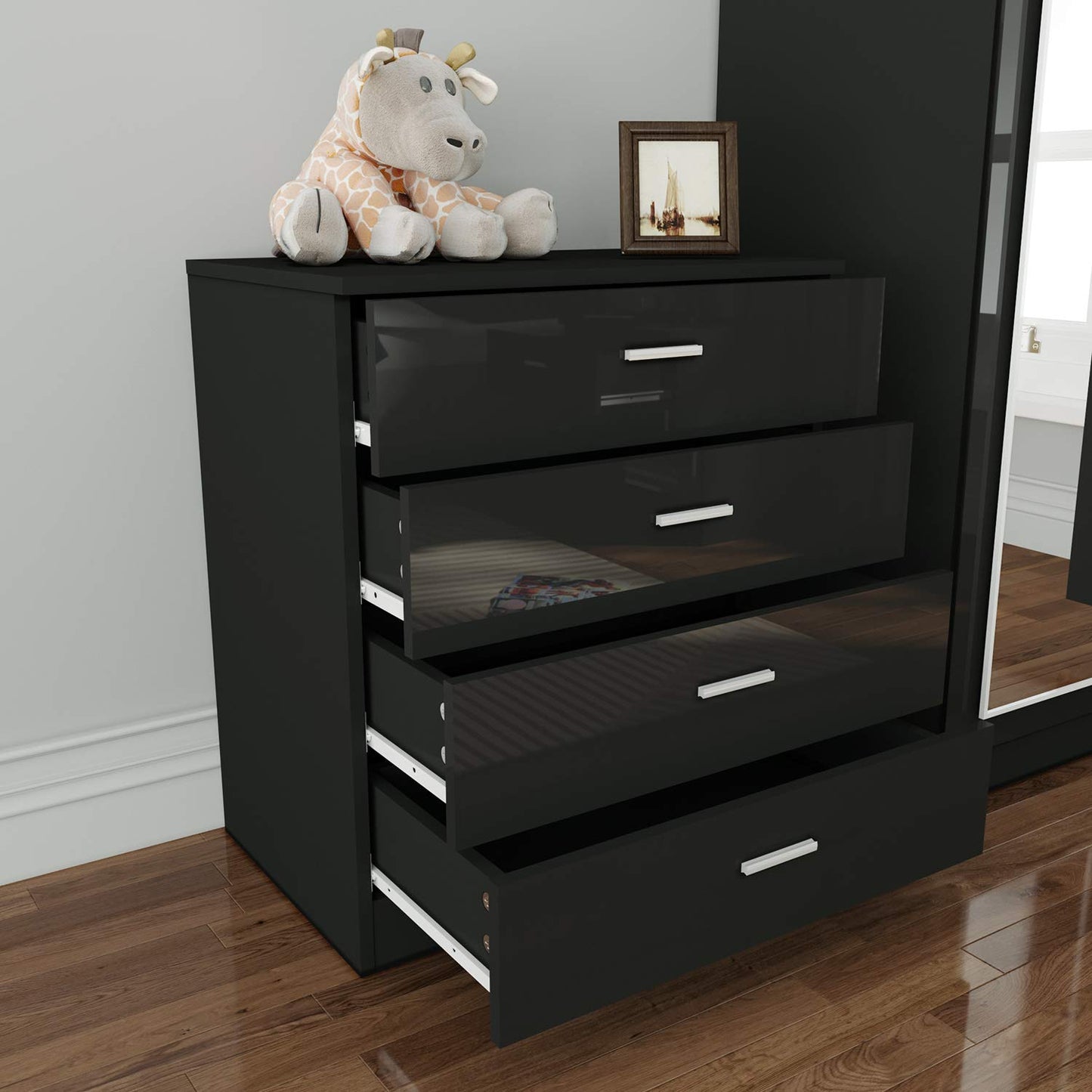 ELEGANT 3 Pieces Bedroom Furniture Sets High Gloss Soft Close Wardrobe with Mirror + 4 Storage Drawer Chest of Drawers Bedside Cabinet, Black and Set