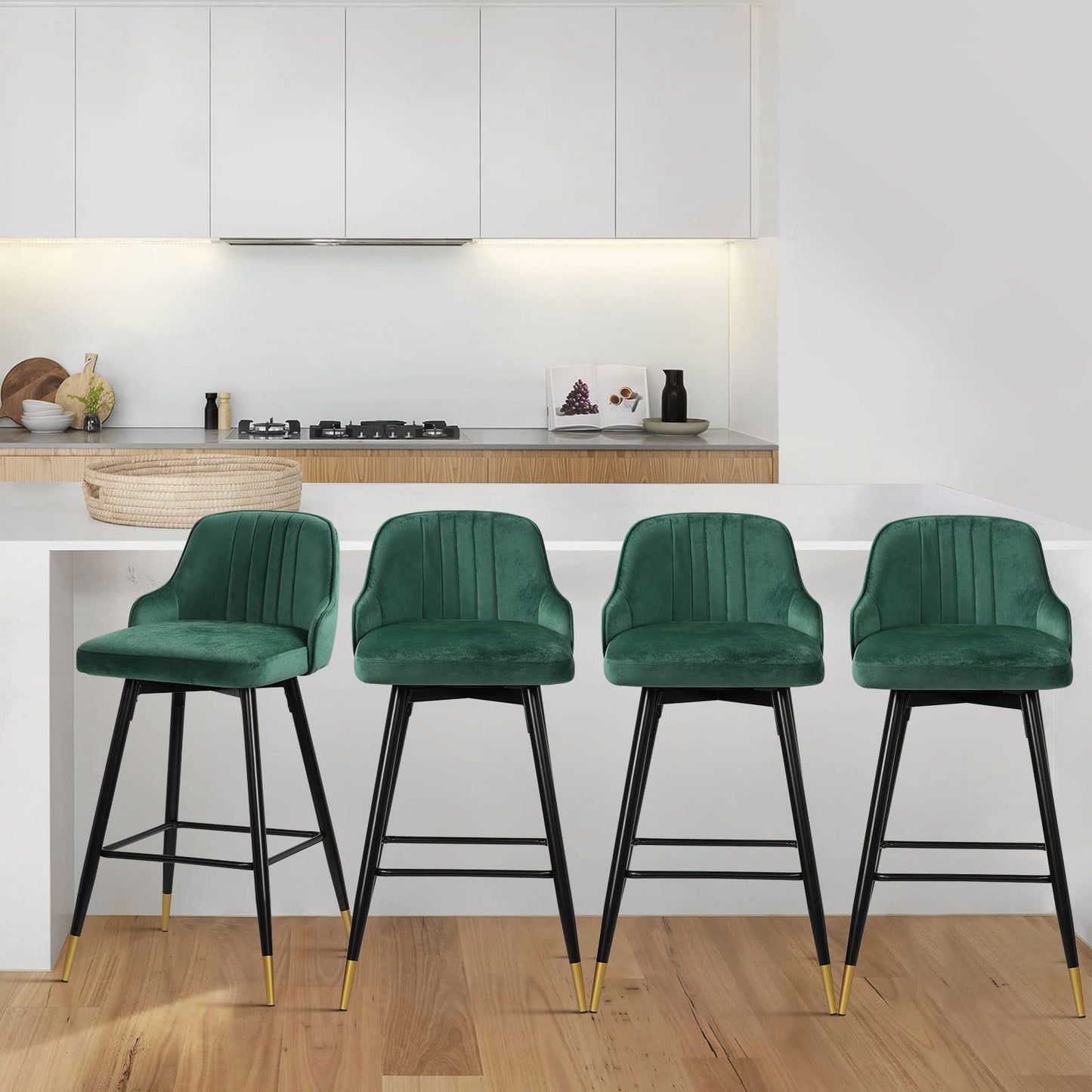 Bekrvio Upgraded Velvet Bar Stools Set of 2 – 360° Swivel Bar Chairs with Back & Footrest, Modern Kitchen Island Breakfast Stools, Support 150kg – New Version, Black