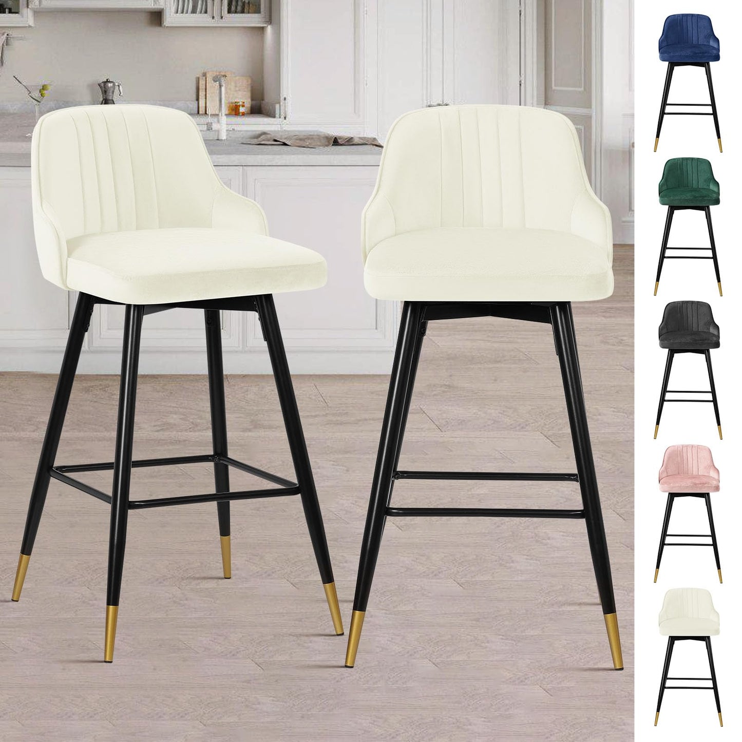Bekrvio Upgraded Velvet Bar Stools Set of 2 – 360° Swivel Bar Chairs with Back & Footrest, Modern Kitchen Island Breakfast Stools, Support 150kg – New Version, Black