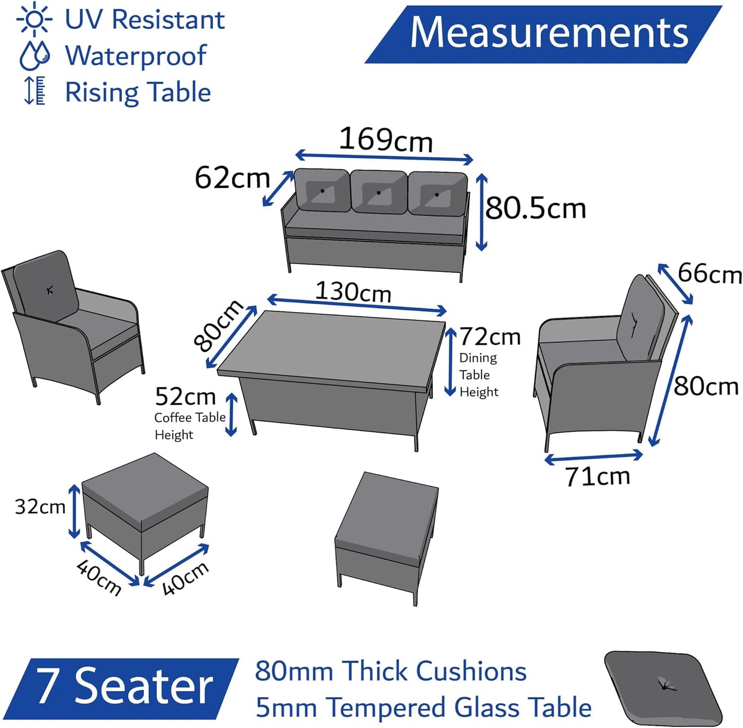 Home Treats Rattan Dining Set 7 Seater | Deluxe Garden Furniture Set | Patio Outdoor Dining Furniture Set With Rising Dining Table & Chairs Stools & Rain Cover | Grey Cushions Garden Lawn Furniture