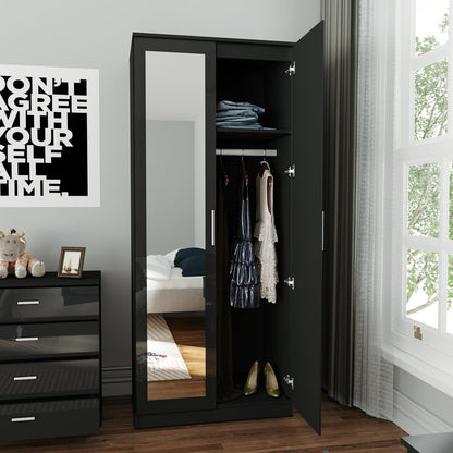 ELEGANT 3 Pieces Bedroom Furniture Sets High Gloss Soft Close Wardrobe with Mirror + 4 Storage Drawer Chest of Drawers Bedside Cabinet, Black and Set