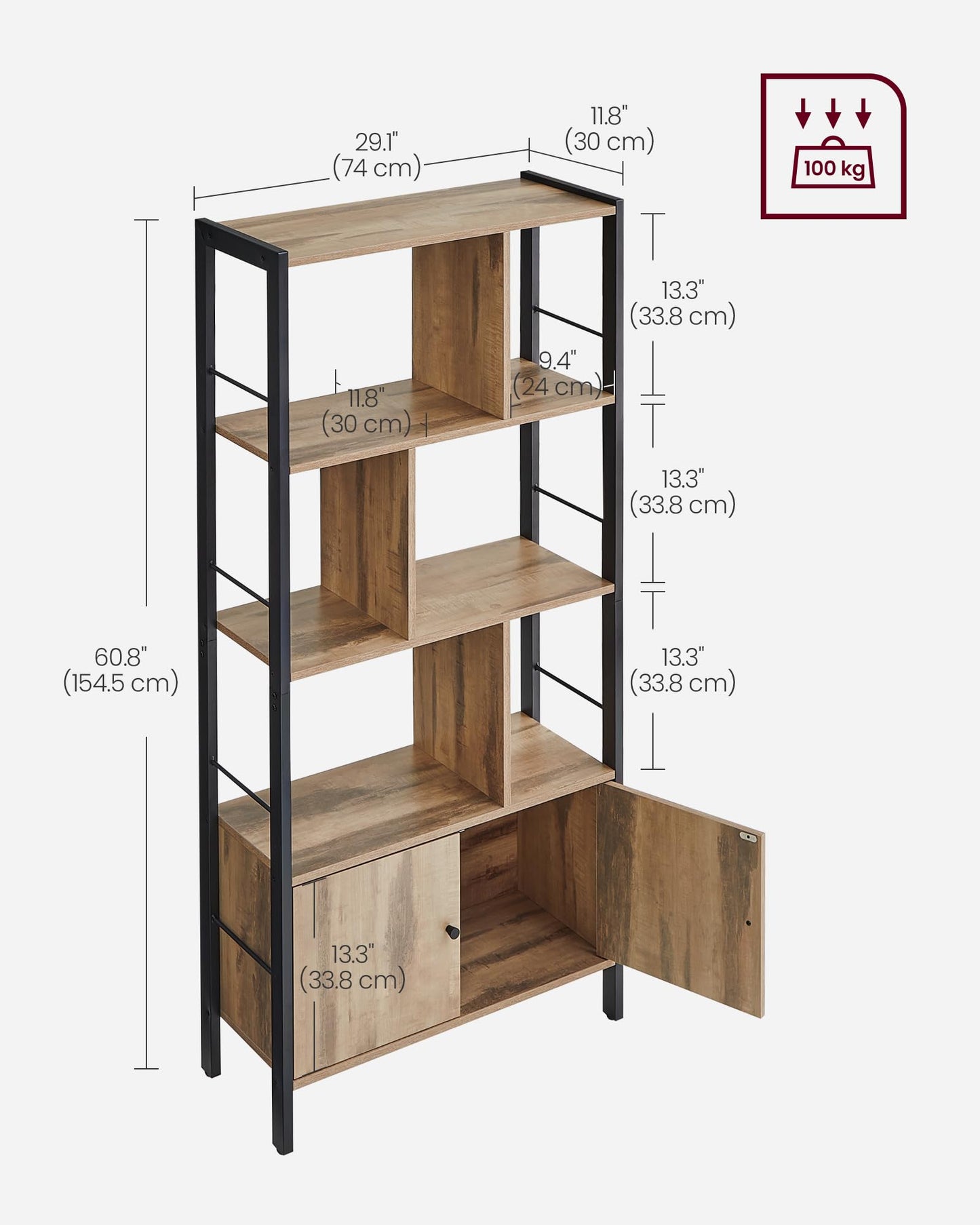 VASAGLE Bookshelf, Storage Shelf, Large Bookcase with Doors, 4 Shelves, Stable Steel Structure, Industrial Style, for Living Room, Office, Rustic Brown and Ink Black LBC022B01