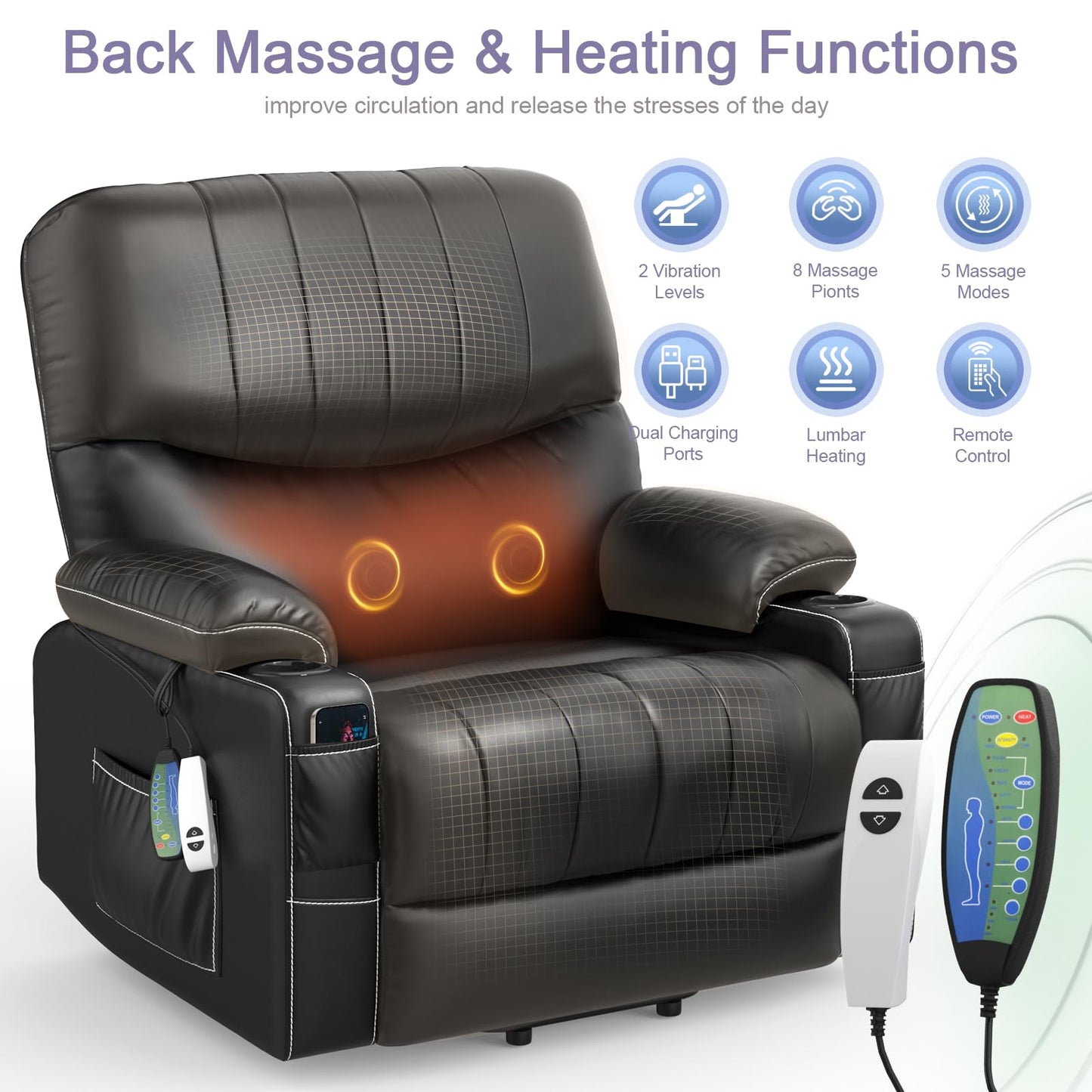 BareTay Recliner Armchair Electric Lift Chair with Massage & Heat, Extended Footrest, Oversized Riser Reclining Chair Lounge Sofa with Type C+USB, 2 Drink Holders, 4 Side Pockets