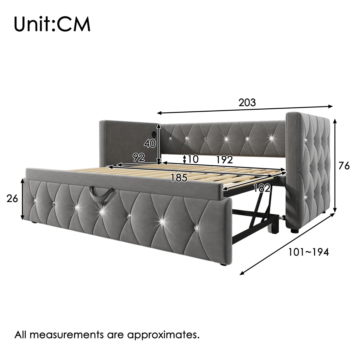 Jtyca Daybed, Trundle Bed, Upholstered Single Bed with Pull Out Bed, Sofa Bed with USB-Type C-Charging Sations, Pull Out Trundle for Living Room and Bedroom, 90 x 190 cm, Velvet, Grey, (No Mattress)