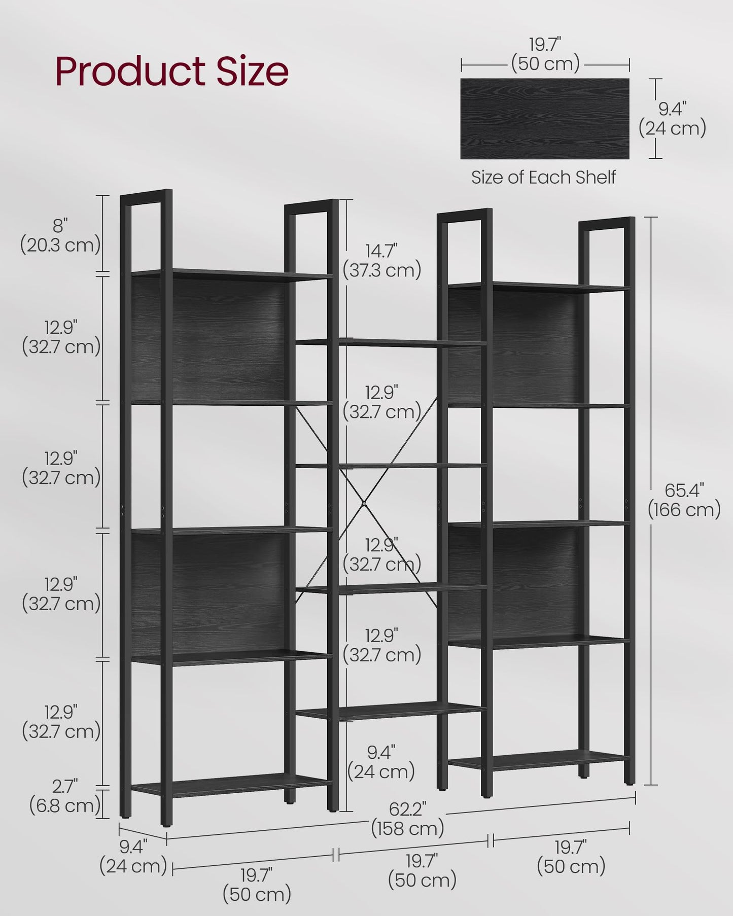 VASAGLE Bookcase, Bookshelf with 14 Shelves, Metal Frame, Shelf Unit for Living Room, Home Office, Industrial Style, 24 x 158 x 166 cm, Rustic Brown and Ink Black LLS107B01