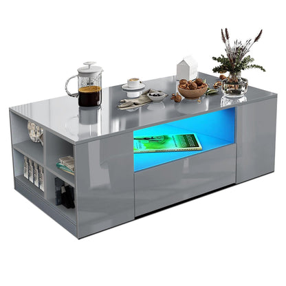 High Gloss Coffee Table, Coffee Table with Storage, Coffee Tables for Living Room with Led RGB Lights 2 Drawer Storage and Open Shelf Rectangle Centre Tea Table for Home Office Furniture, Grey