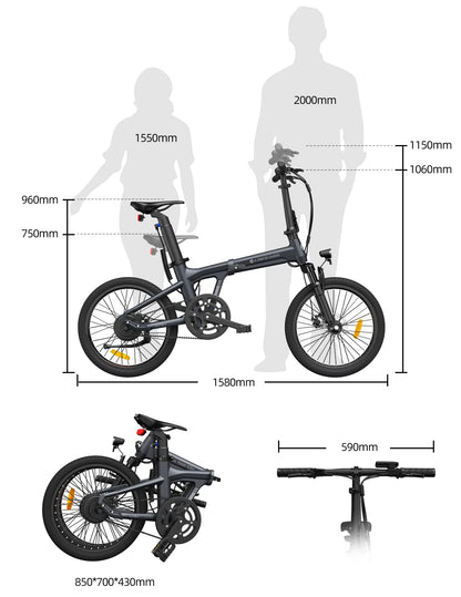 ADO Air 20S Folding E-Bike, 20" Electric Bike, Ultra Light Weight 18.5 KG Electric Bicycle, Carbon Belt/Adjustable Shock Absorption/LCD Display/ Disc Brakes/APP Intelligent(Shock Absorption Version)