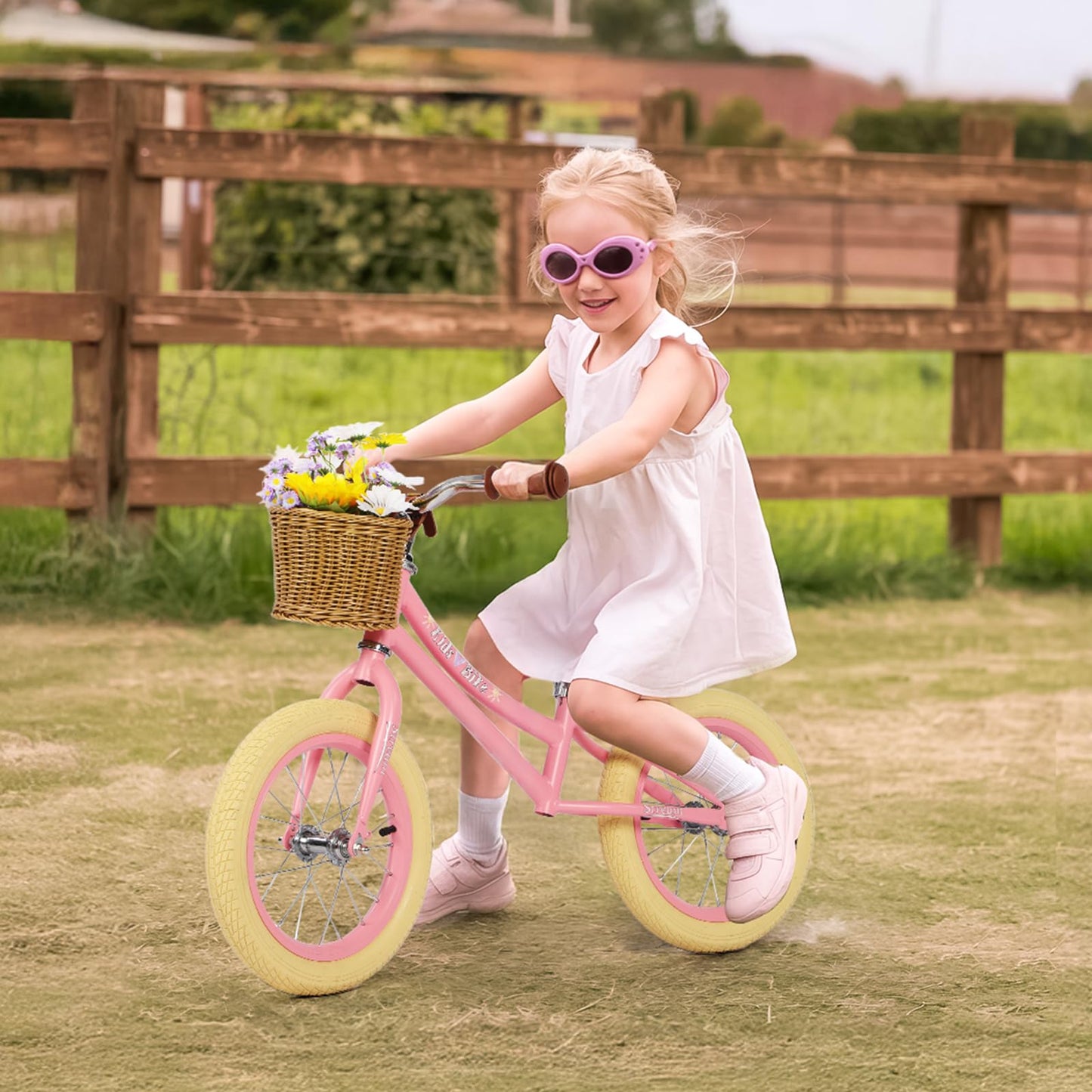 H.yeed 14 Inch Kids Balance Bike, Lightweight Height-adjustable Push Bike with Removable Basket and Rubber Air Tires, Toddler Training Bike for 3-6 Years Old Boys Girls（No Flower）