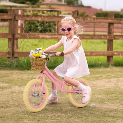 H.yeed 14 Inch Kids Balance Bike, Lightweight Height-adjustable Push Bike with Removable Basket and Rubber Air Tires, Toddler Training Bike for 3-6 Years Old Boys Girls（No Flower）