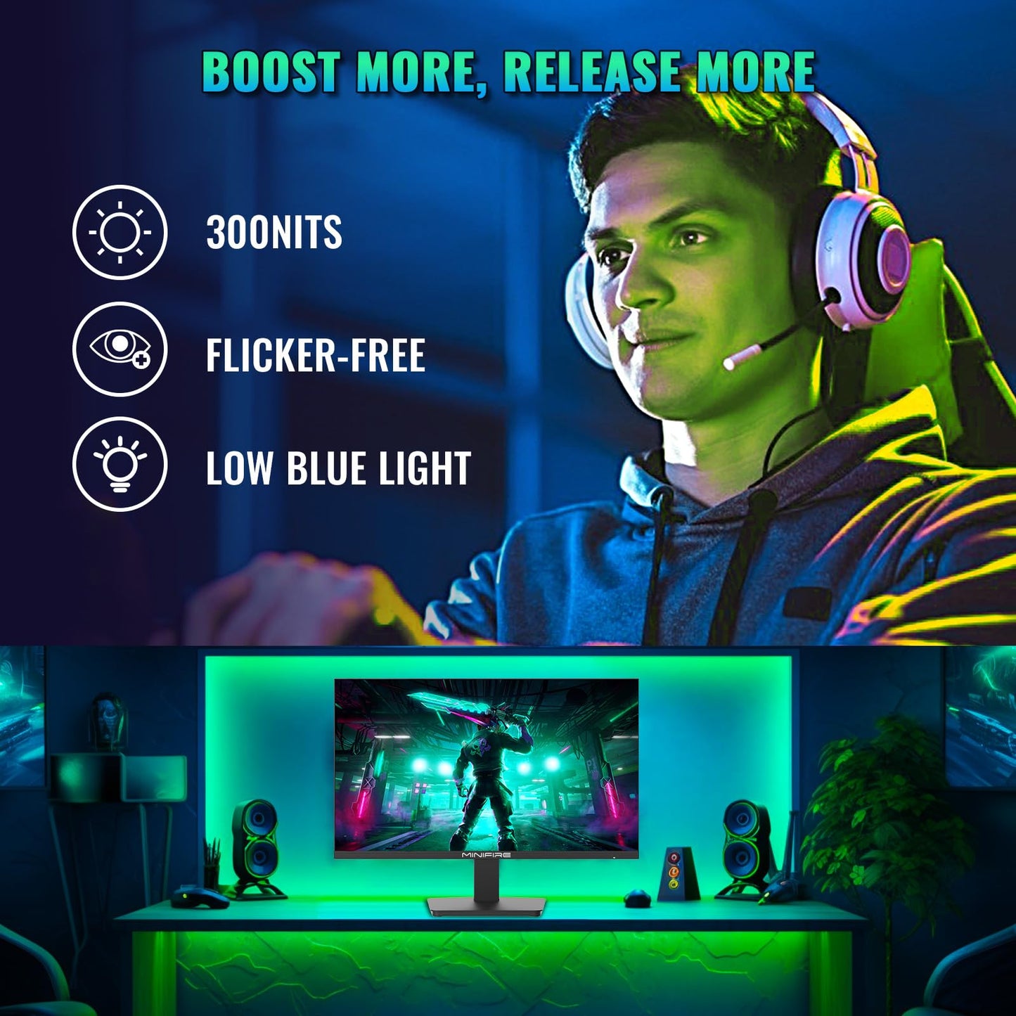 24 inch Curved Gaming Monitor 180Hz, 1ms, 130% sRGB, With Speakers, HDR, FreeSync, 300cd/m², VA, FHD 1080P, Frameless, HDMI1.4 DP1.2 Ports (MFG24C1 HDMI included)
