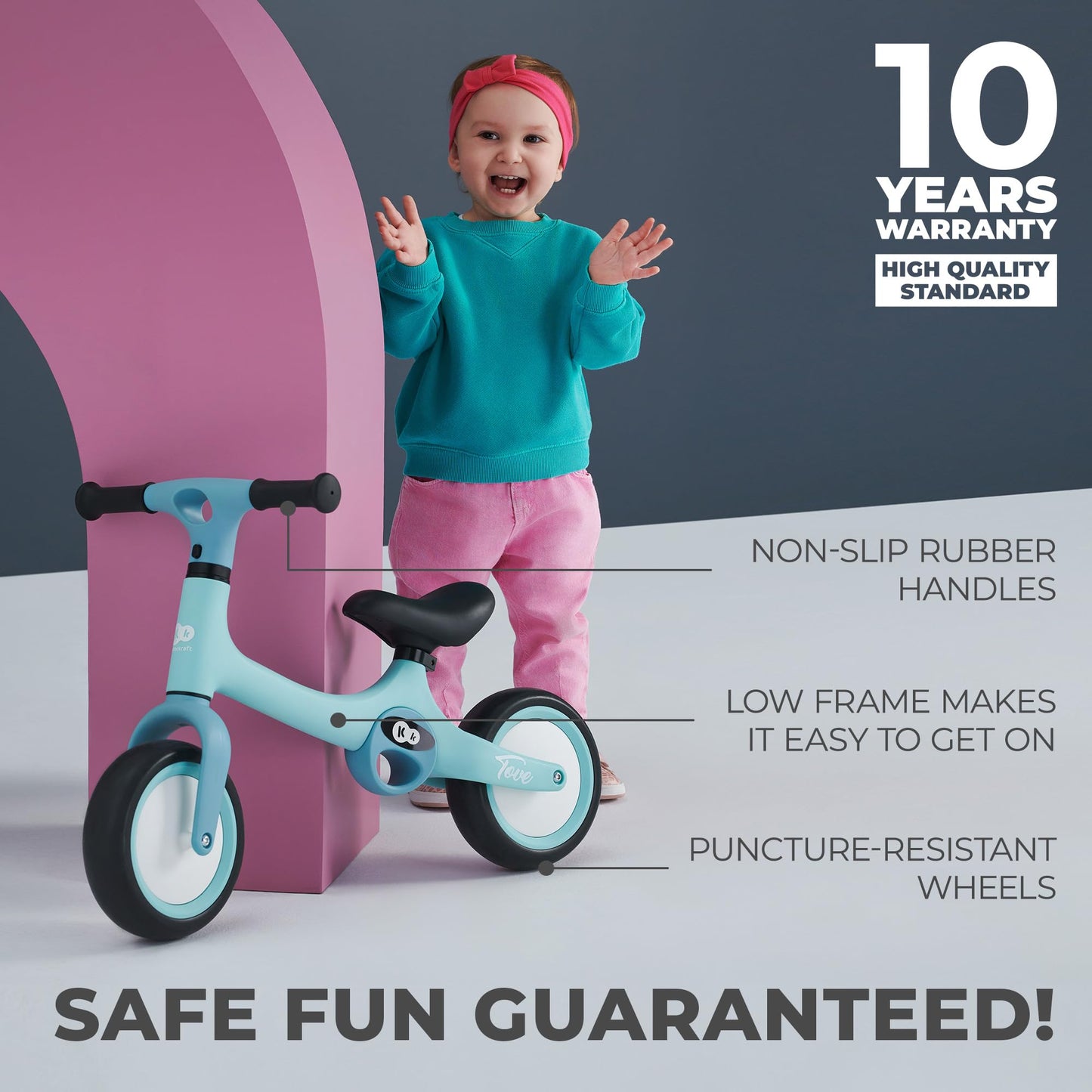 Kinderkraft TOVE Balance Bike, from 1.5 years, light balance bike, children's bike, adjustable seat, easy assembly, limited steering angle, non-slip rubber handles, Mint