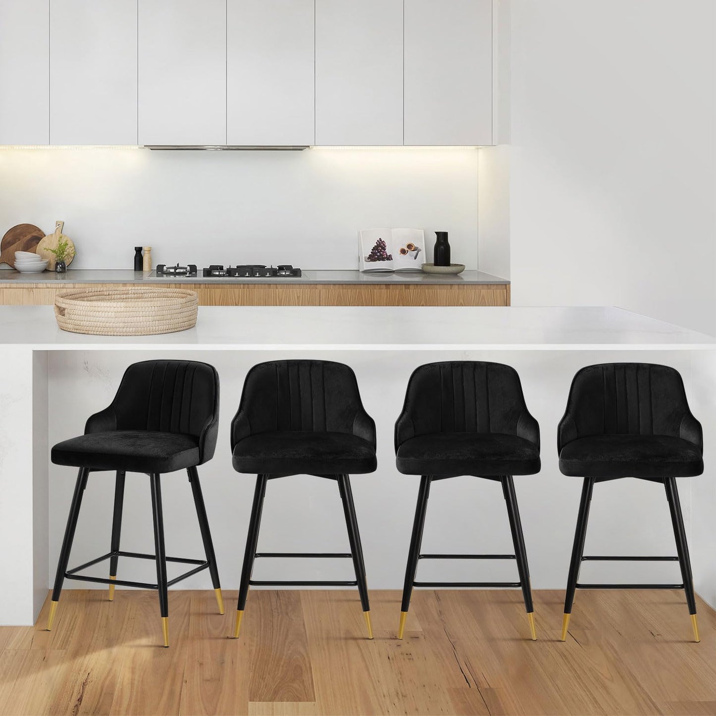 Bekrvio Upgraded Velvet Bar Stools Set of 2 – 360° Swivel Bar Chairs with Back & Footrest, Modern Kitchen Island Breakfast Stools, Support 150kg – New Version, Black