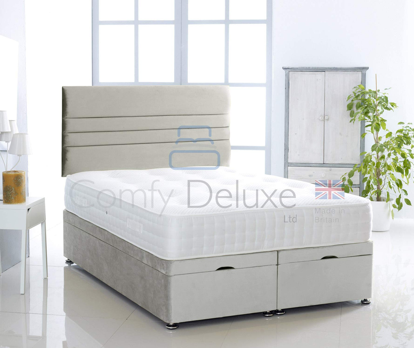 Plush Velvet Ottoman Divan Bed Foot Lift Open With 1000 Pocket Mattress And Horizontal Lined Headboard | Gas Lift Ottoman Storage Divan Bed Set (Silver, 5.0FT King Size)