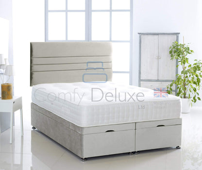 Plush Velvet Ottoman Divan Bed Foot Lift Open With 1000 Pocket Mattress And Horizontal Lined Headboard | Gas Lift Ottoman Storage Divan Bed Set (Silver, 5.0FT King Size)