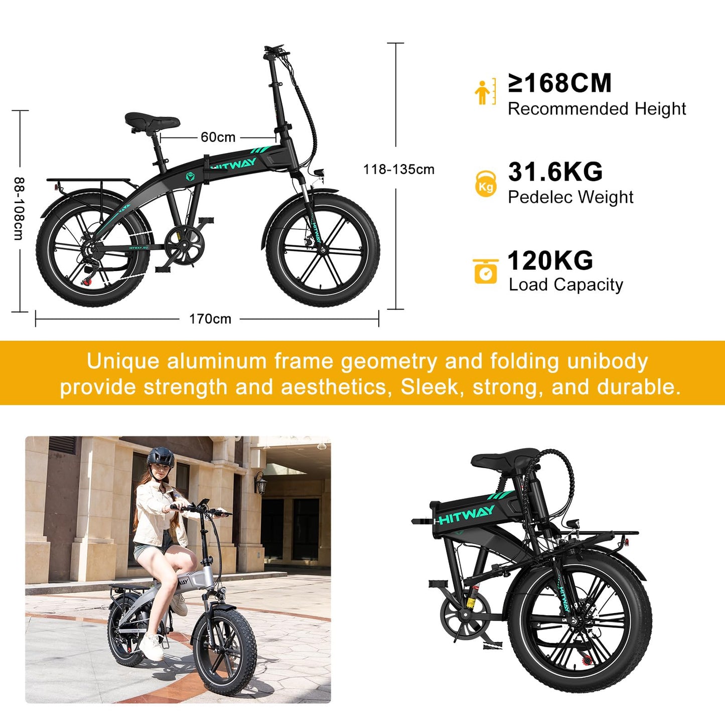 HITWAY 20 * 4.0” Electric Bike, 48V 10.4Ah Battery up to 50-100KM, 250W Motor Fat Tire E Bike, Foldable Electric Bicycles with 7-Speeds for Adult Commuters