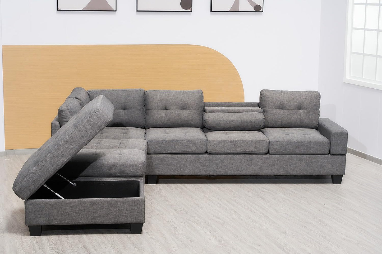 Western Grey Fabric Corner Sofa suite With Drop Down Cup Holder And Ottoman for livingrooms -Cheap sofas & couches-3020 (Grey Fabric, Right Hand Side)